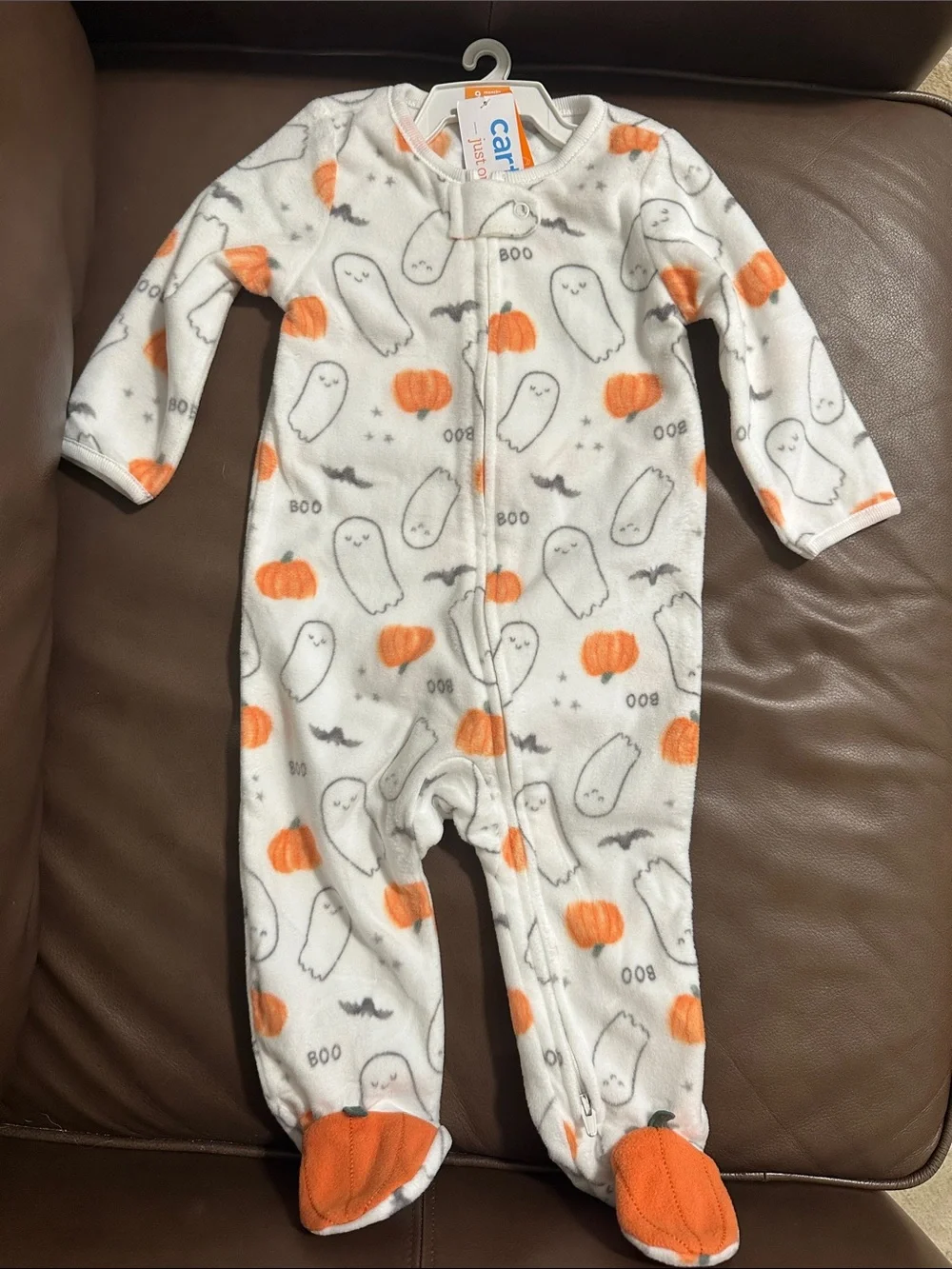 Carter's White & Orange Ghost and Pumpkin Footed One-Piece Set